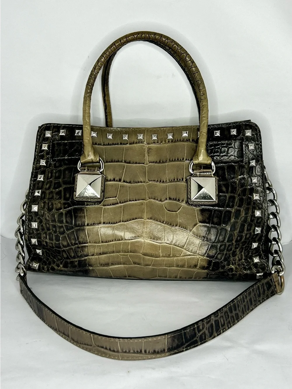Michael Kors Hamilton Studded Ombre Gray Crocodile Croc Leather Purse Satchel